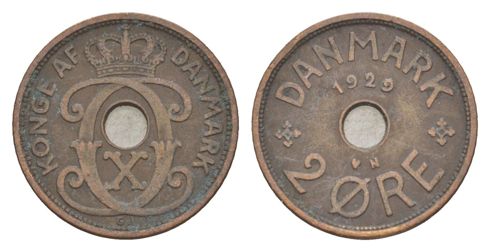 Дания 2 эре 1929 N, Кристиан X (1912-1947) KM 827 бронза 4639-743