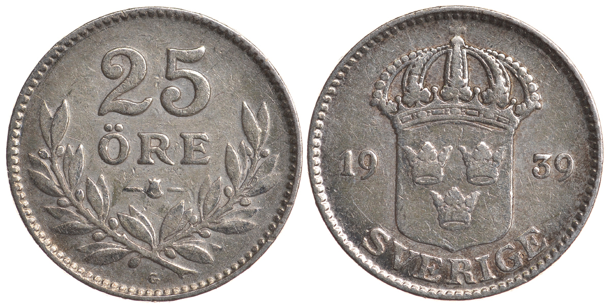Швеция 25 эре 1939 G, Густав V (1907-1950) KM 785 серебро 4179-852