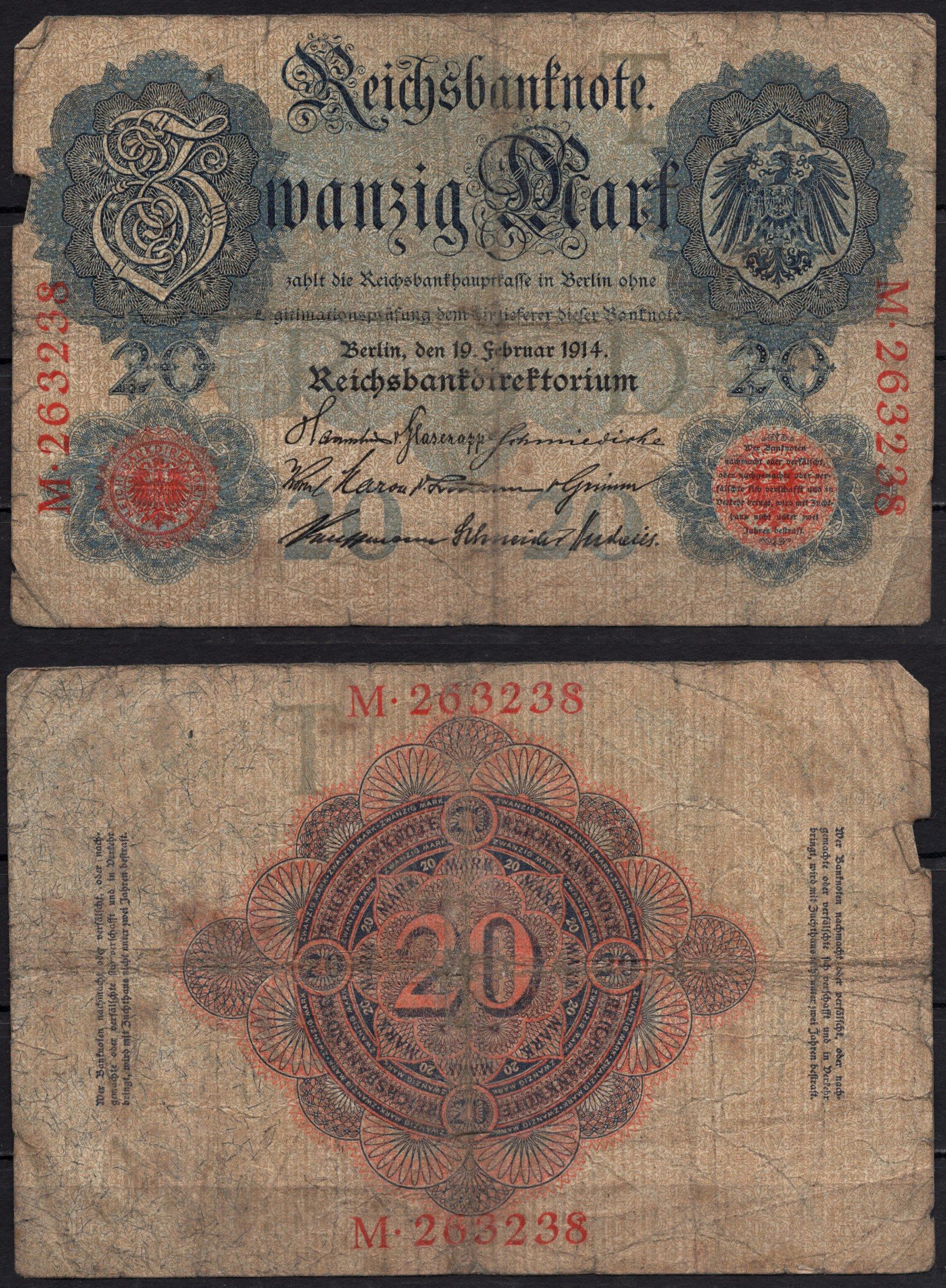 Германия 20 марок 1914 Pick 46a бумага 8592-35-3-1
