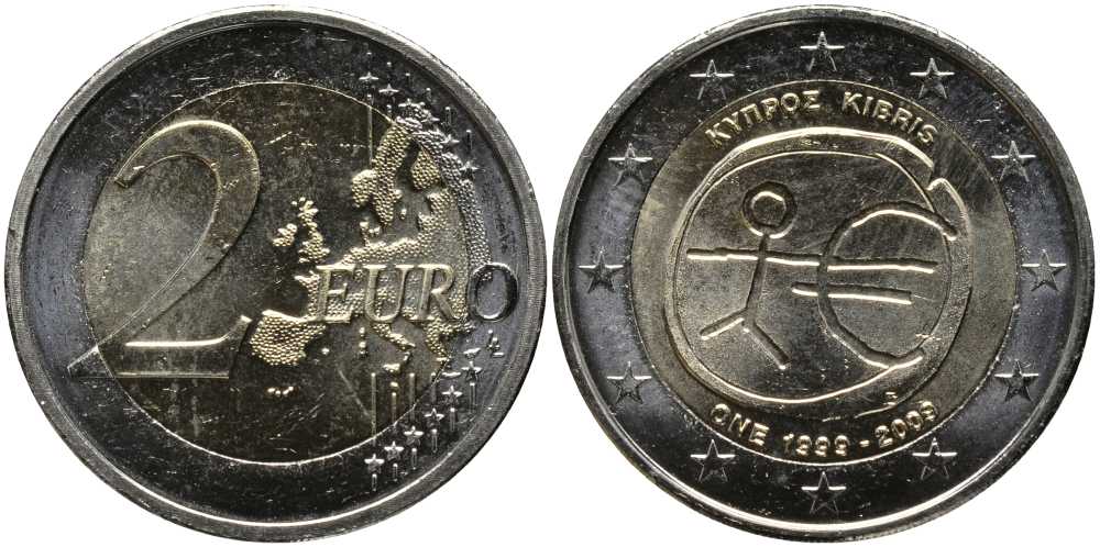 Кипр 2 евро 2009 10 лет монетарной политики ЕС (EMU) и введения евро KM 89 биметалл UNC 115-1041