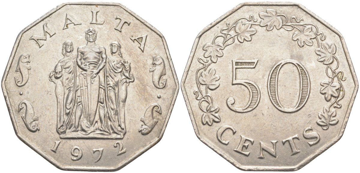 Мальта 50 центов 1972 памятник великой осаде в столице Валлетте KM 12 медно-никель 3855-1114