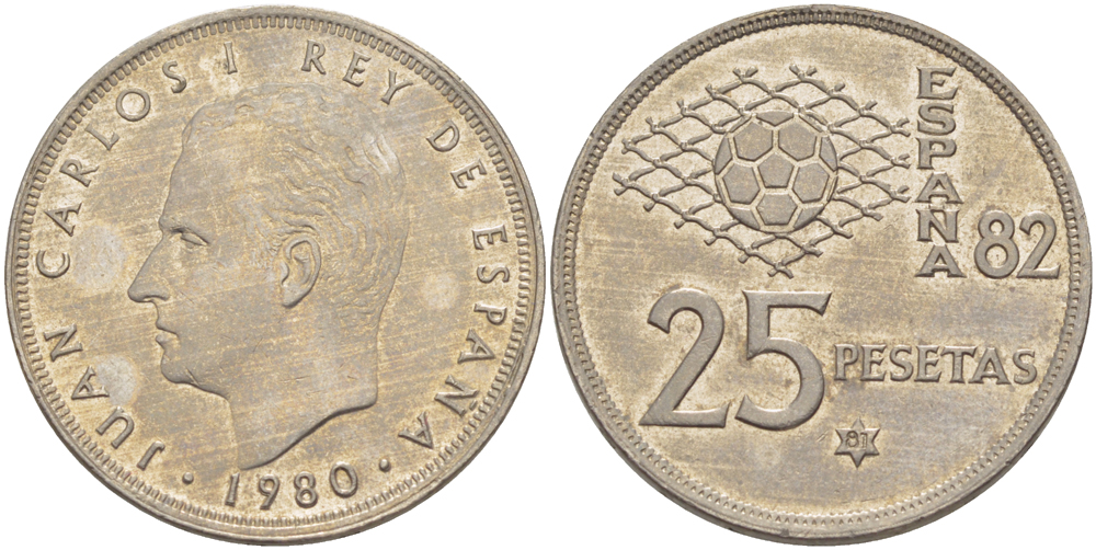 Испания 25 песет 1980 (81) чемпионат мира по футболу в Испании 1982 года, Хуан Карлос I ( 1975-) KM 818 медно-никель 4185-821