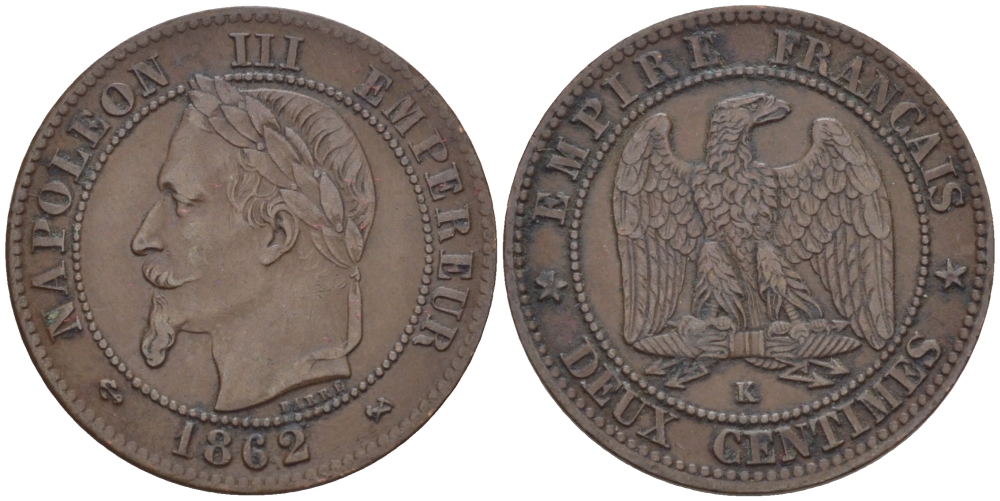 ФРАНЦИЯ 2 САНТИМА 1862 K, НАПОЛЕОН III (1852-1870) KM 796.6 бронза 100-357