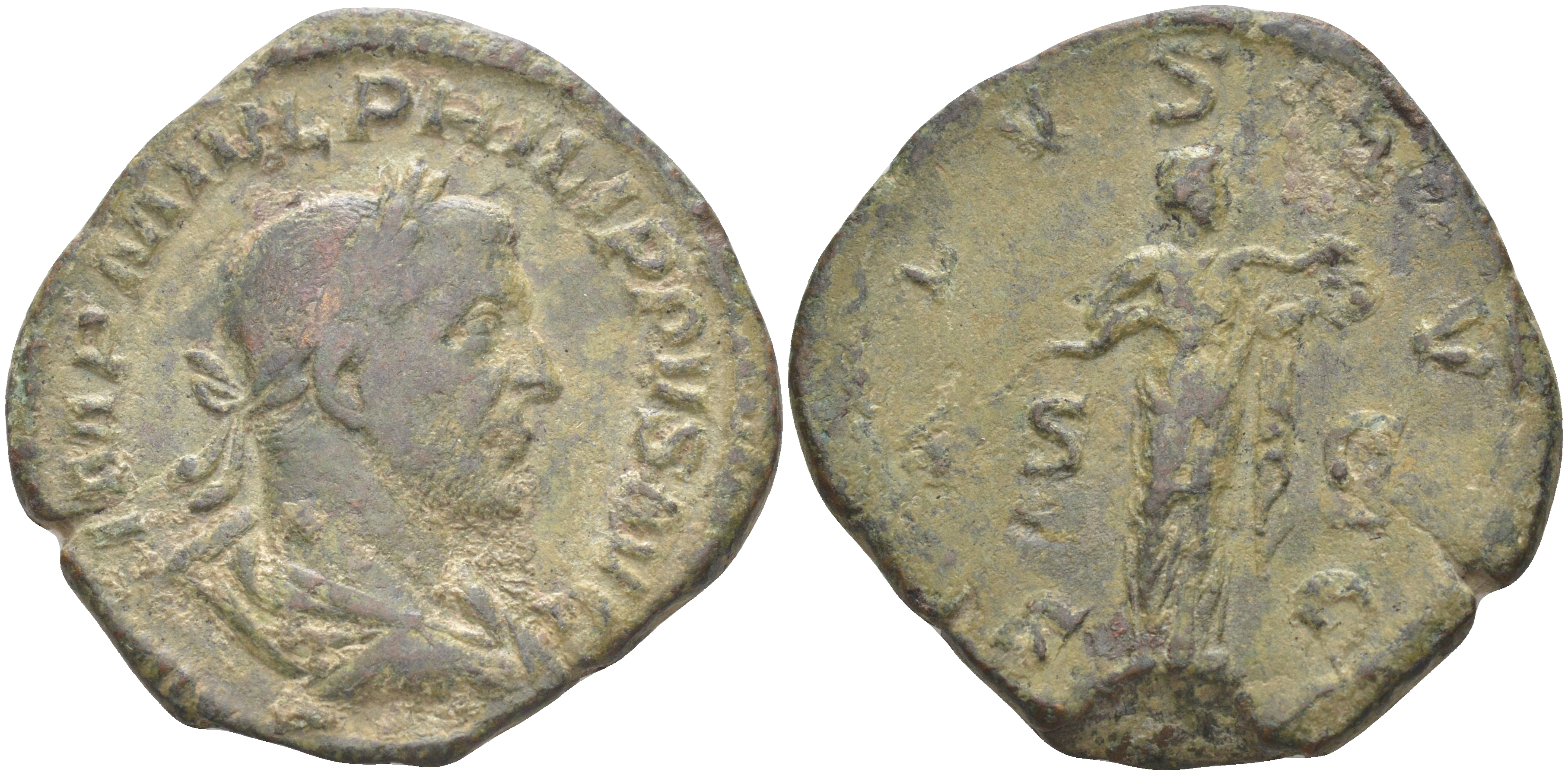 Римская Империя сестерций 244 - 249 Филипп I Араб, бюст императора, IMP M IVL PHILIPPVS AVG / Салюта, богиня Здоровья, SALVS AVG S C, Рим RIC 186a бронза 1073-8-41