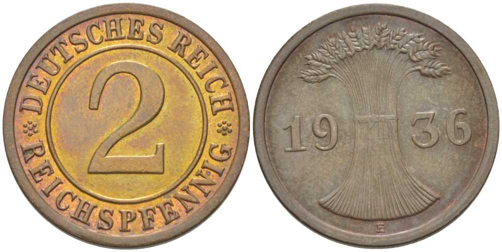 ГЕРМАНИЯ 2 РЕЙХСПФЕННИГA 1936 E KM 38, J. 314, Weege 4 бронза 206-864