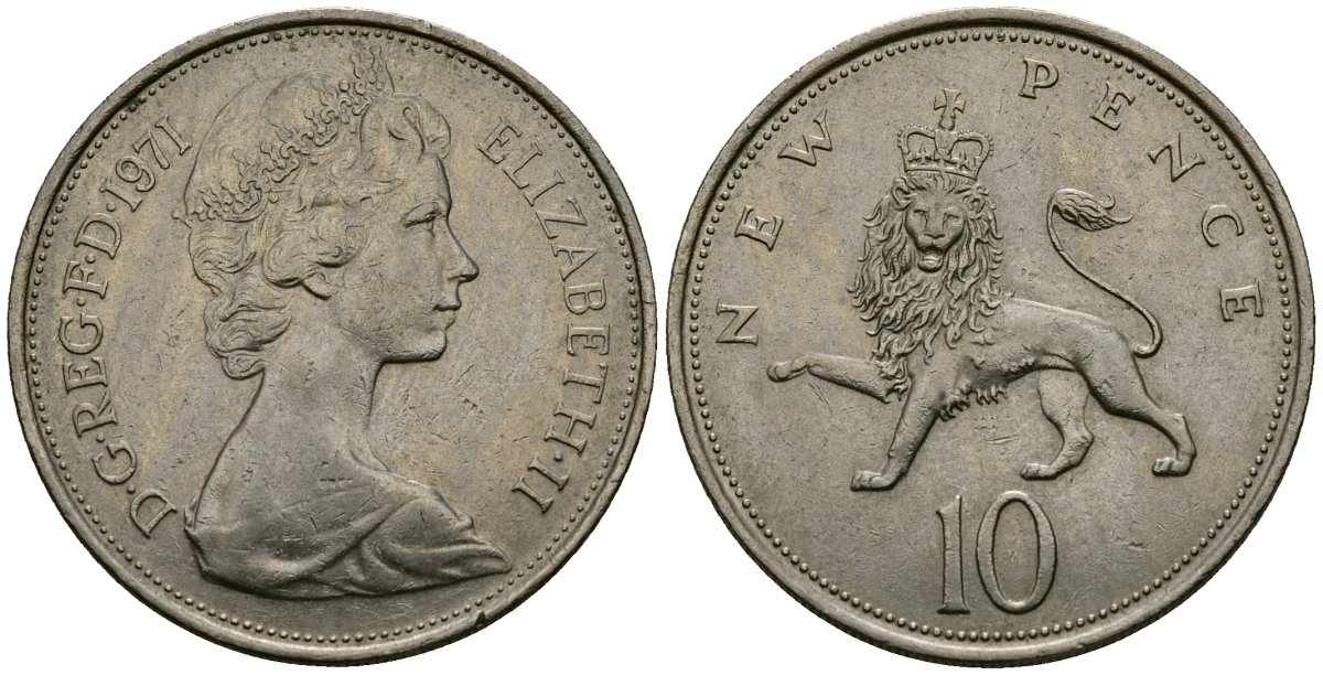 Великобритания 10 пенсов 1971 Елизавета II (1952-2022) KM 912, Spink 4231 (F1) медно-никель 4384-835