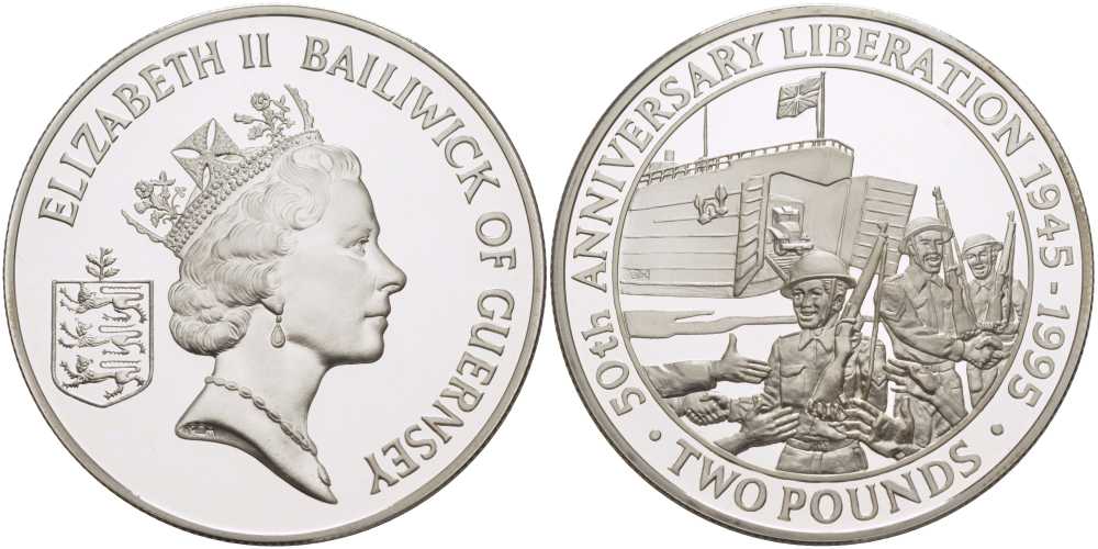 Гернси 2 фунта 1995 50 лет освобождения Нормандских островов, в оригинальной коробке, с сертификатом KM 61a серебро  PROOF  6-5-3-27