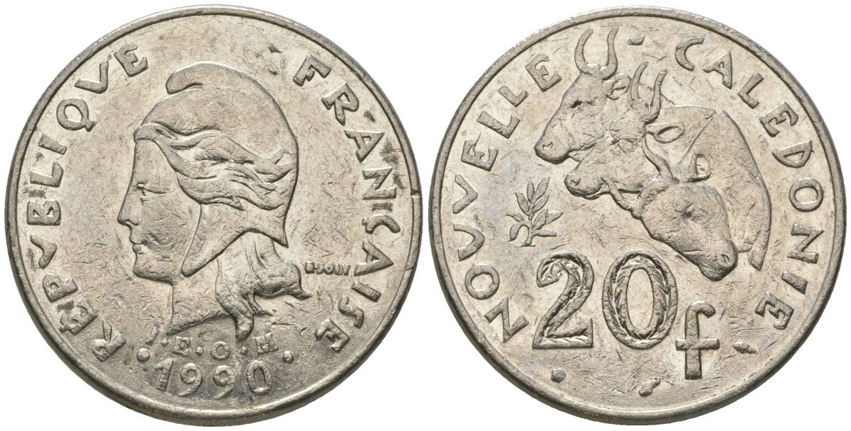 Французская Новая Каледония 20 франков 1990 три быка, (IEOM) KM 12, Schoen 14, Lec 113 никель 75-321