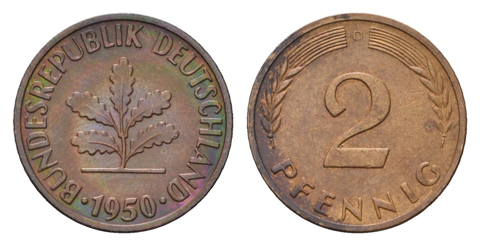 ФРГ 2 пфеннига 1950 D KM 106, J. 381 бронза 4682-1051