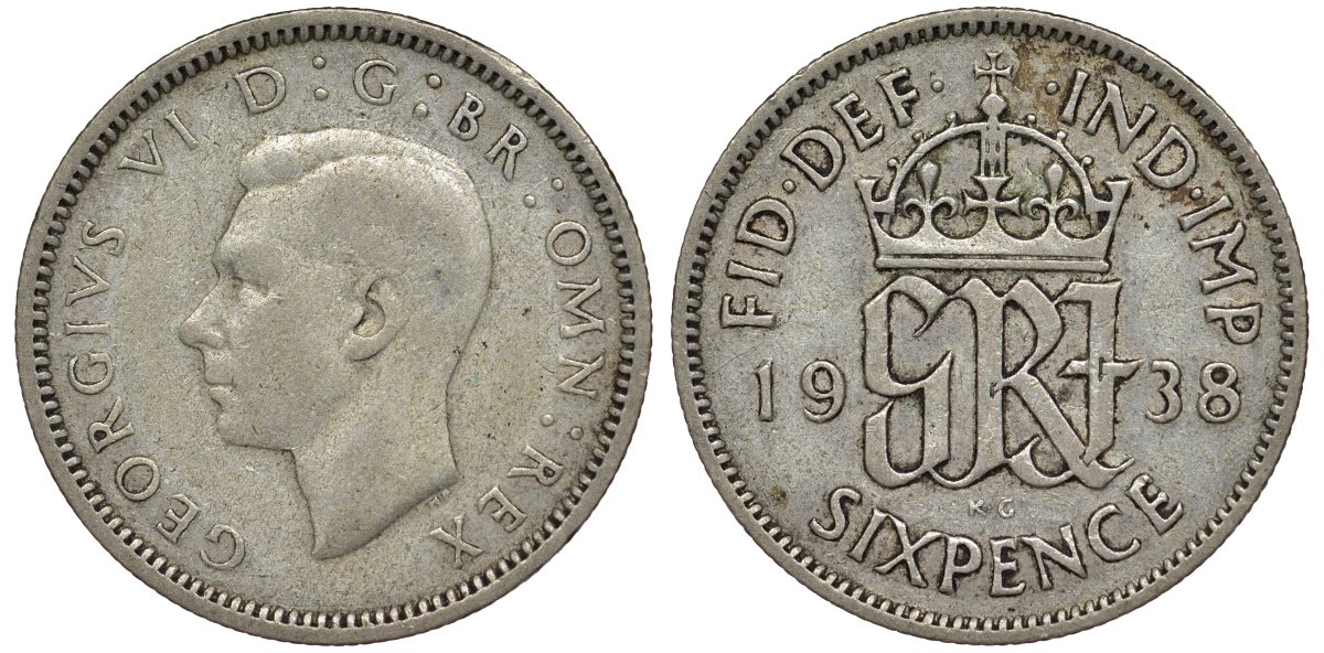 Великобритания 6 пенсов 1938 Георг VI (1936-1952) KM 852, Spink 4084 серебро 4128-816