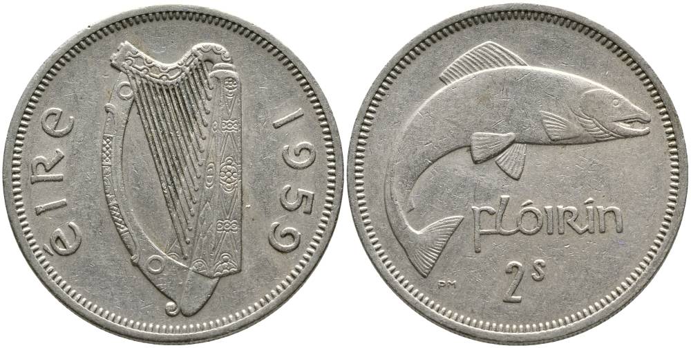 ИРЛАНДИЯ 1 ФЛОРИН = 2 ШИЛЛИНГА 1959 ЛОСОСЬ KM 15а медно-никель 4531-816