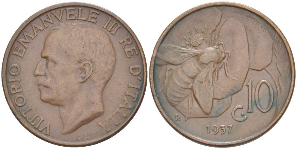 ИТАЛИЯ 10 ЧЕНТЕЗИМО 1937 R, МОНДВОР РИМ, ВИКТОР ЭММАНУИЛ III (1900-1946) KM 60 медь 4525-327