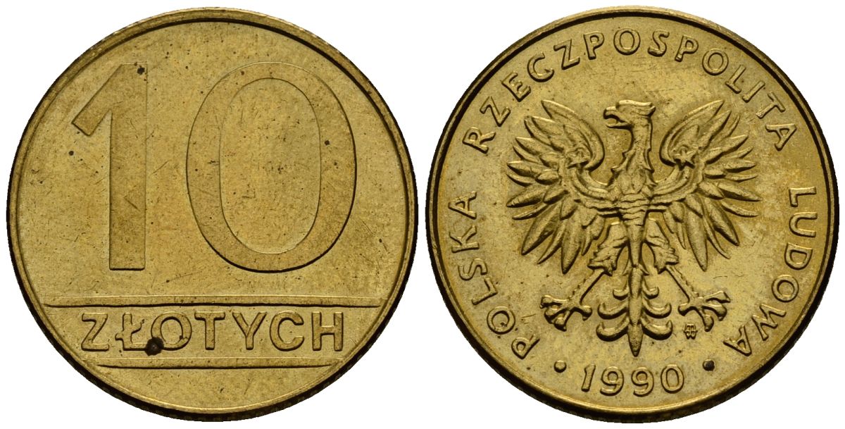 Польша 10 злотых 1990 Y 152.2 латунь 4177-823