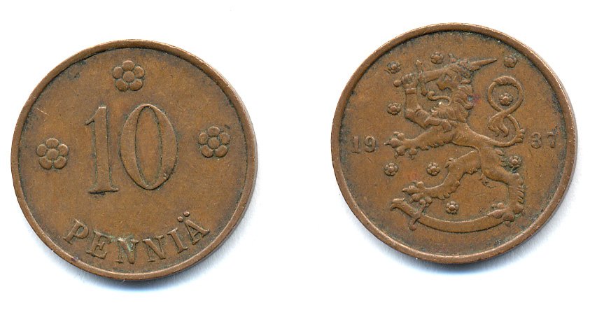 Финляндия 10 пенни 1937 KM 24 медь 51-5556