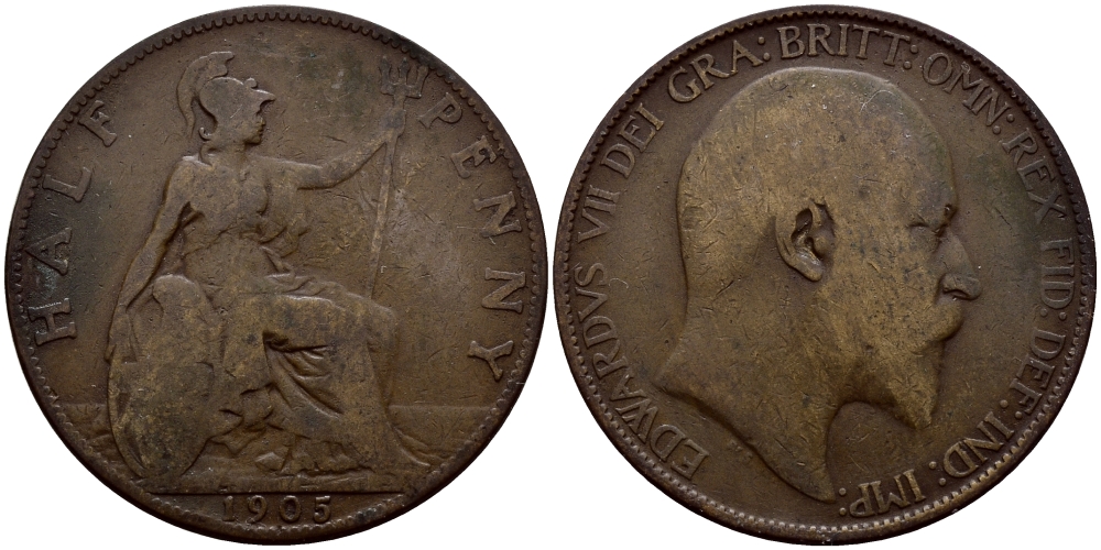 Великобритания 1/2 пенни 1905 Эдуард VII (1901-1910) KM 793.2, Spink 3991 бронза 71-1123