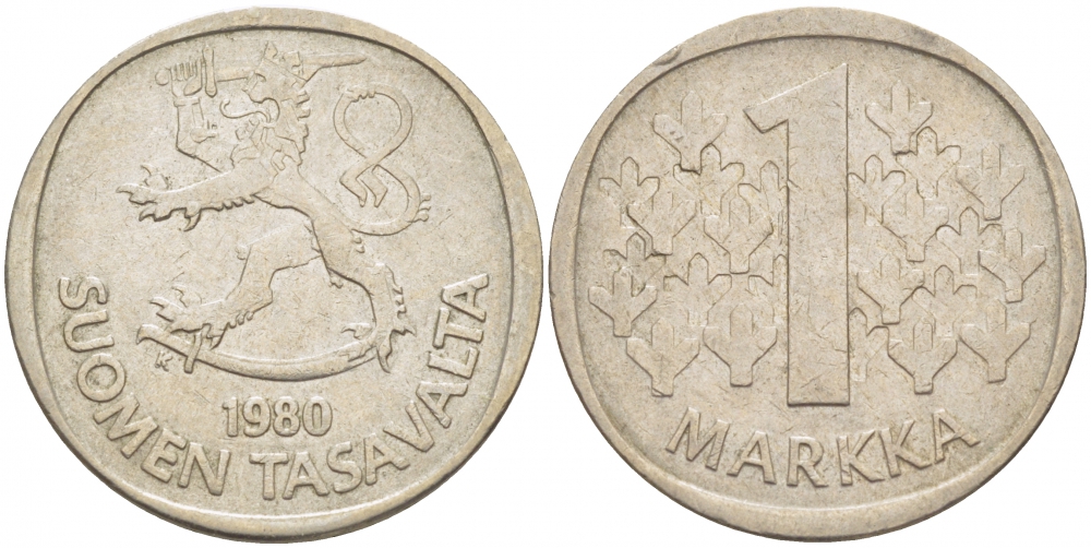 ФИНЛЯНДИЯ 1 МАРКА 1980 K KM 49а медно-никель 3718-836