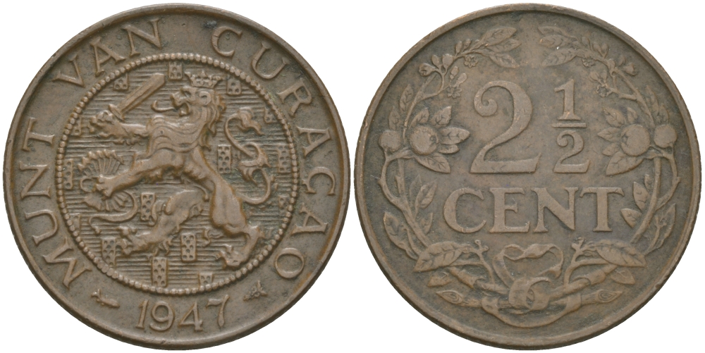 КЮРАСАО 2 1/2 ЦЕНТА 1947 KM 42 бронза 98-734
