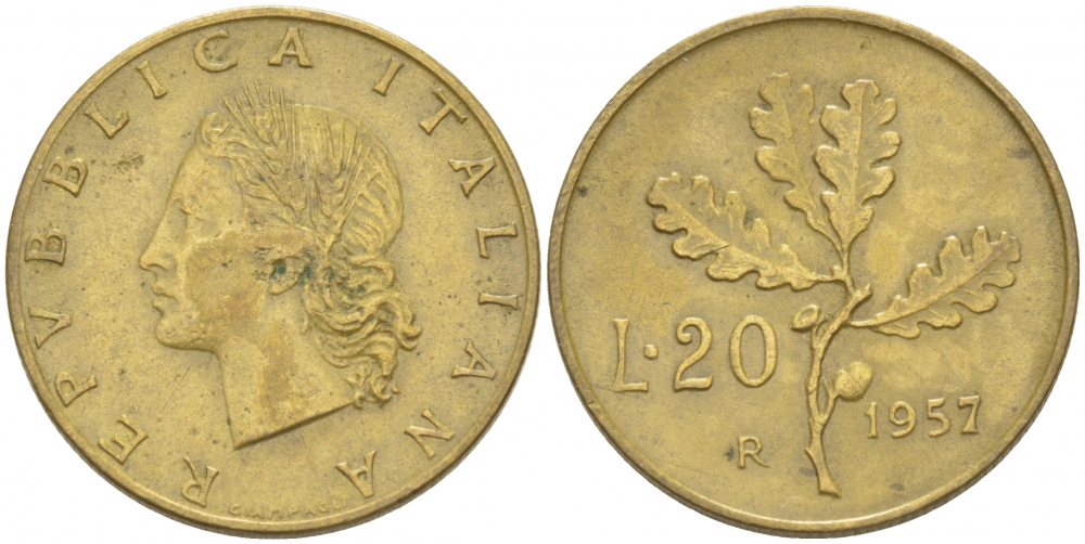 ИТАЛИЯ 20 ЛИР 1957 R ДУБОВЫЙ ЛИСТ, Serifed 7 KM 97.1 алюминиевая бронза 77-853