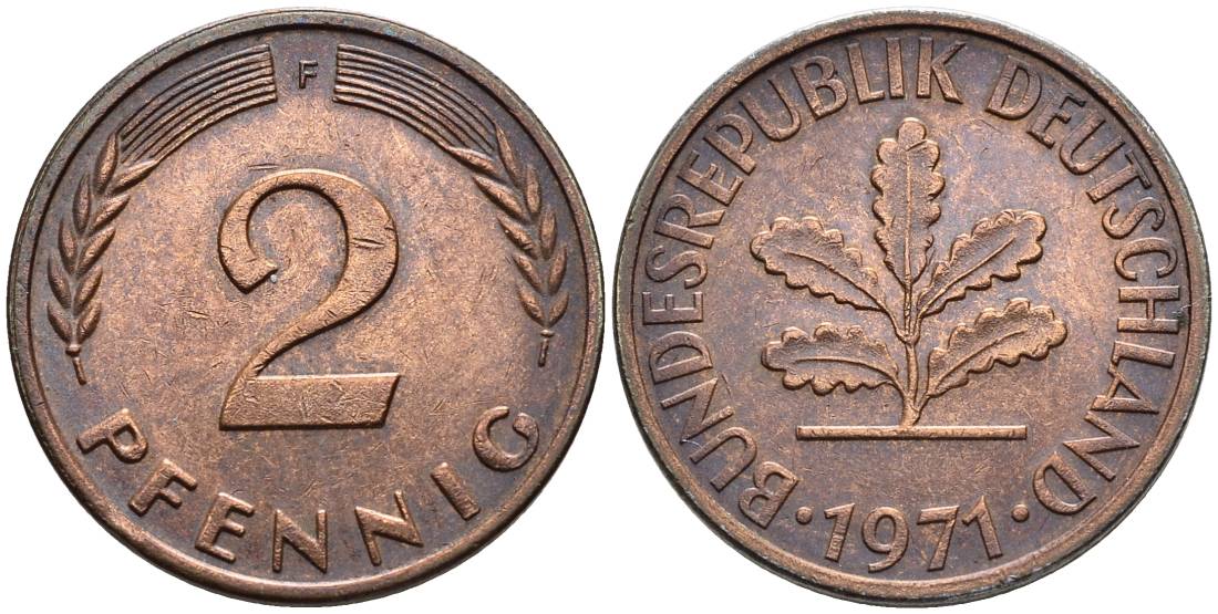 ФРГ 2 ПФЕННИГА 1971 F KM 106a, Jager 381a сталь плакированная сталь плакированная медьюю 4546-1015