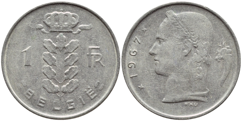 БЕЛЬГИЯ 1 ФРАНК 1967 BELGIE KM 143.1 медно-никель 4395-445