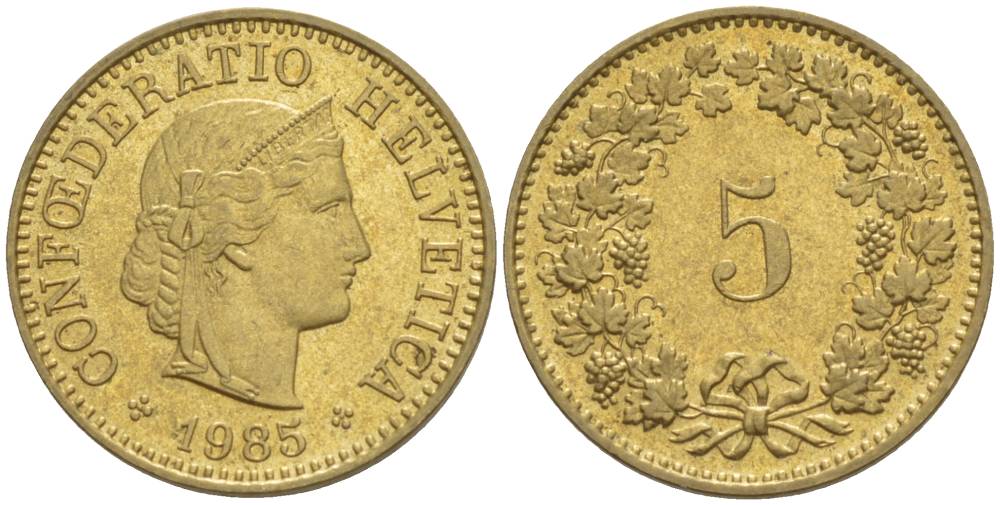 ШВЕЙЦАРИЯ 5 РАППЕНОВ 1985 KM 26c алюминий латунь 4532-857