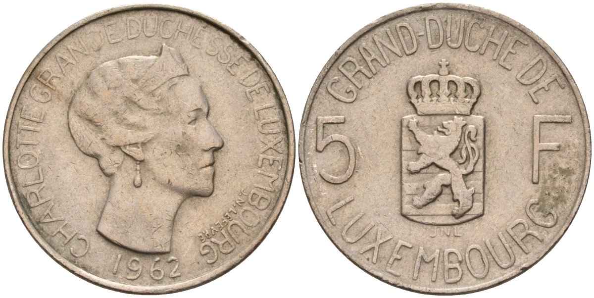 Люксембург 5 франков 1962 Великая герцогиня Шарлотта (1919-1964) KM 51 медно-никель 4143-1246