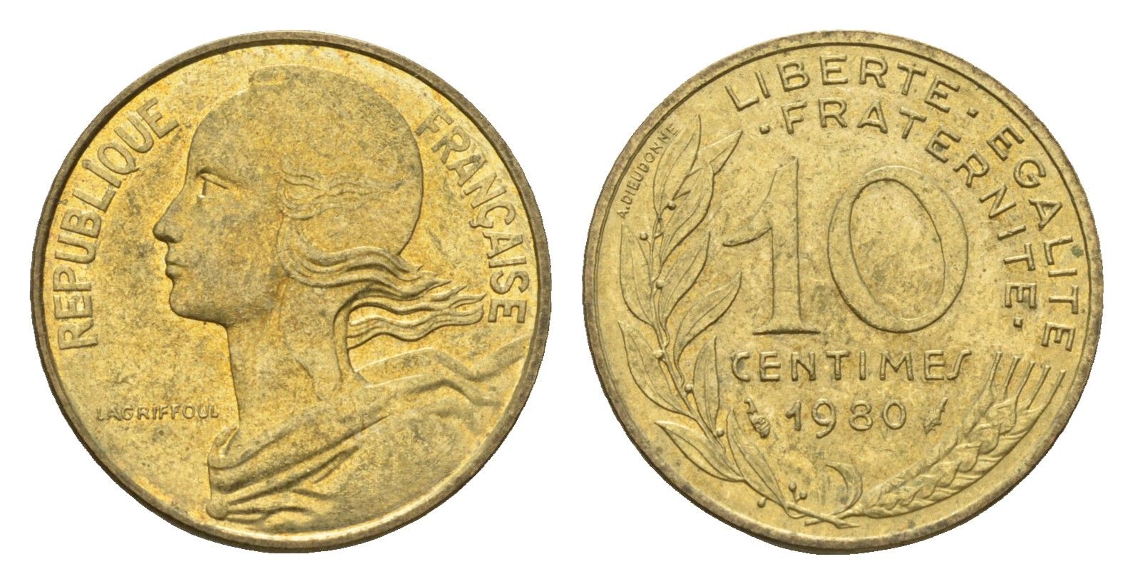 Франция 10 сантимов 1980 KM 929 алюминиевая бронза 4674-615