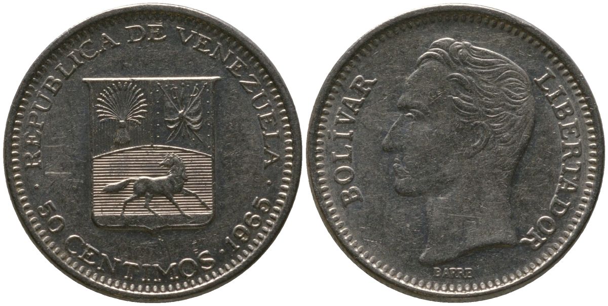 Венесуэла 50 сентимо 1965 Симон Боливар KM 41, Schon 51 никель 4525-845