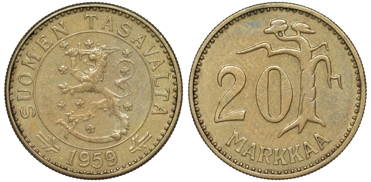 ФИНЛЯНДИЯ 20 МАРОК 1959 S KM 39 алюминиевая бронза 3334-742