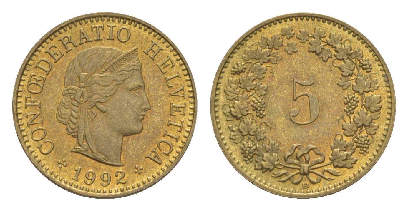 Швейцария 5 раппенов 1992 B KM 26c алюминиевая бронза 4609-263