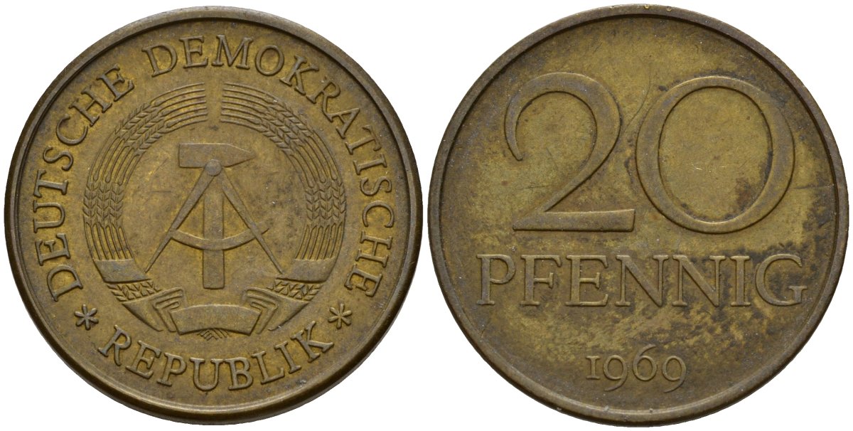 ГДР 20 пфеннигов 1969 A, первый год KM 11 латунь 92-936