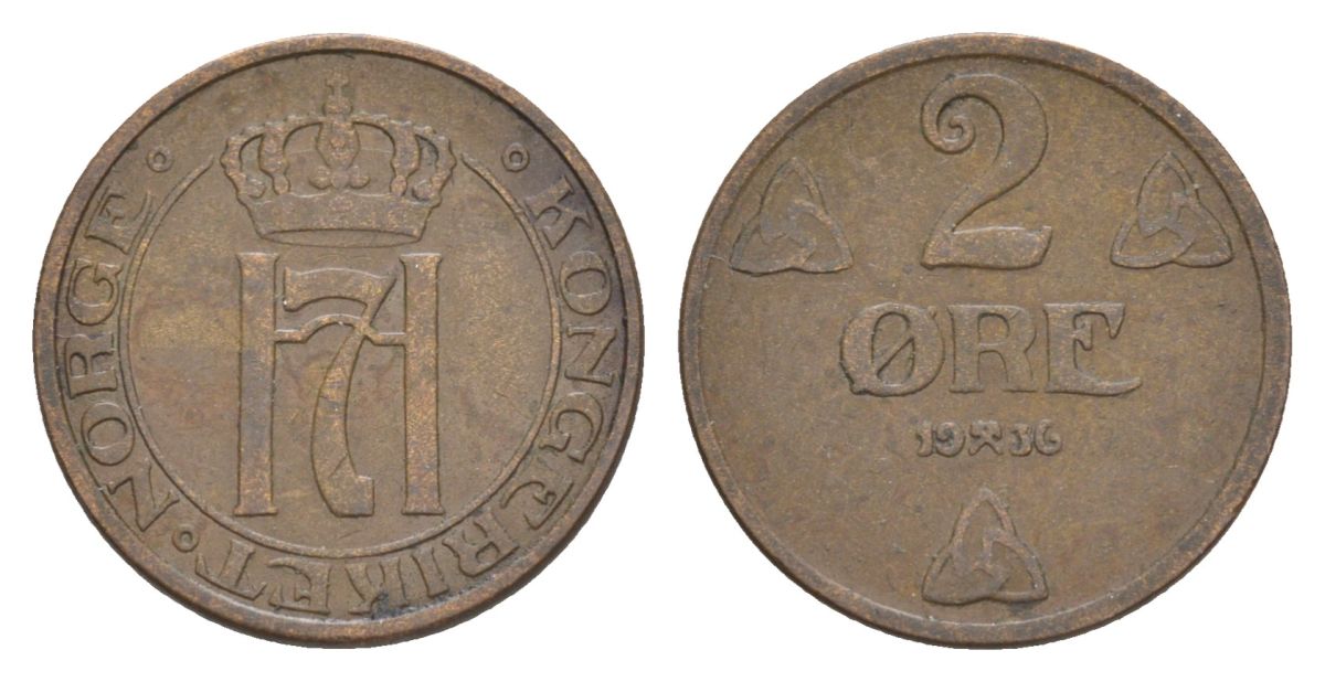 Норвегия 2 эре 1936 Хокон VII (1905-1957) KM 371 бронза 4635-256