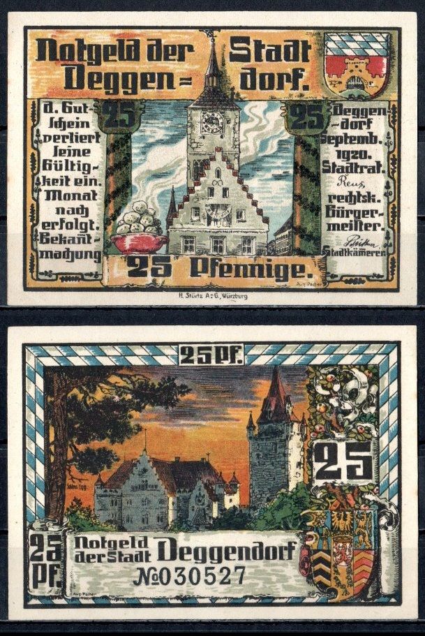 Деггендорф (Бавария) 25 пфеннигов 1920 Mehl Grabowski D8.5a бумага UNC (пресс) 7555-59-2-1