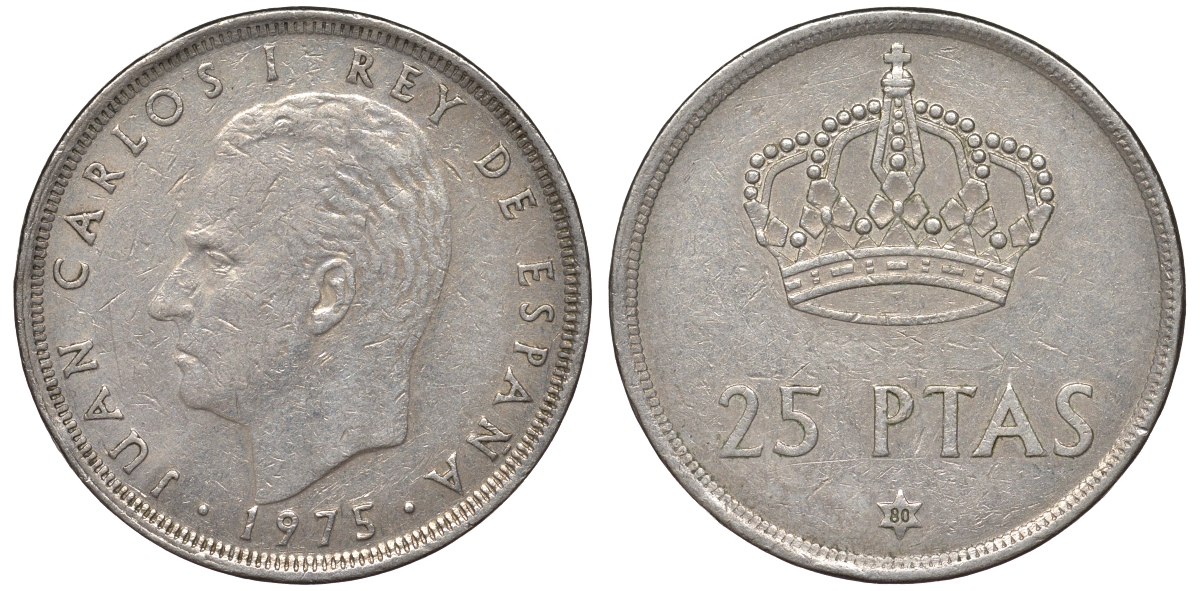 Испания 25 песет 1975 (80) Хуан Карлос I (1975-2014) KM 808 медно-никель 36-941
