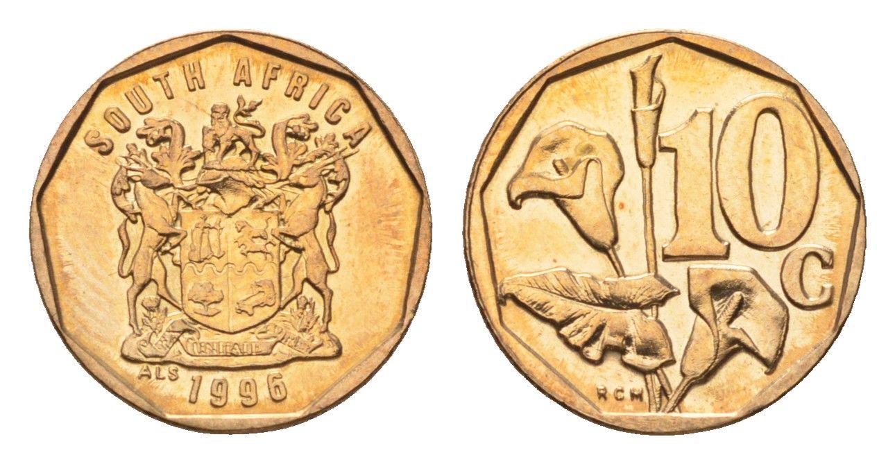 ЮАР 10 центов 1996 герб, цветок алоэ KM 161 сталь плакированная бронзой UNC 4694-726