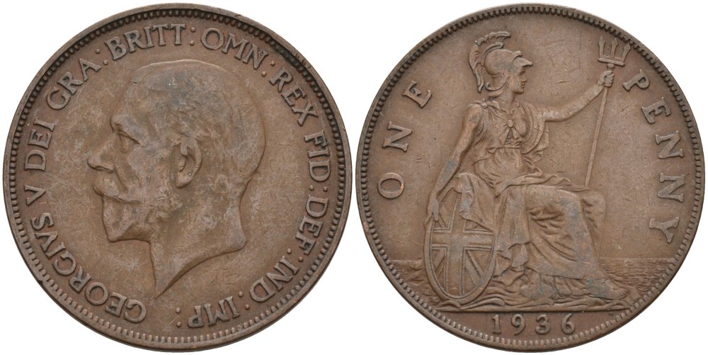 Великобритания 1 пенни 1936 Георг V (1910-1936) KM 838, Spink 4055 бронза 4574-113