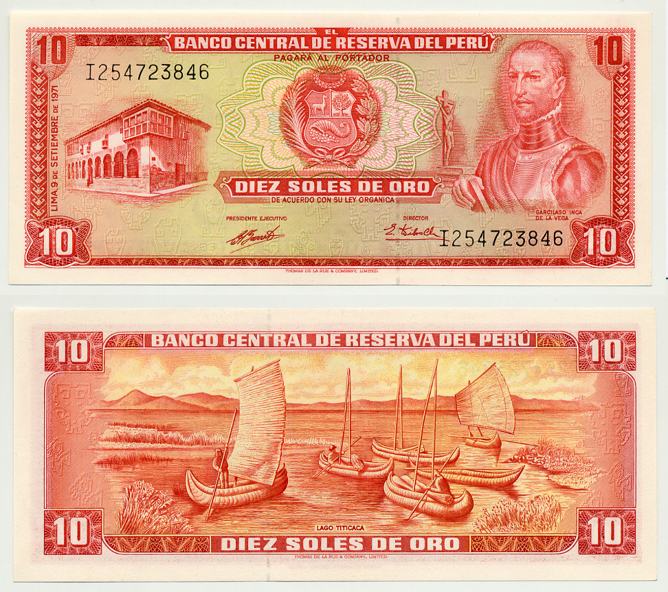 ПЕРУ 10 СОЛЕЙ 1971 9 СЕНТЯБРЯ 1971, ГАРСИЛАСА де ля ВЕГА Pick 100b бумага UNC (ПРЕСС) 7485-63-1