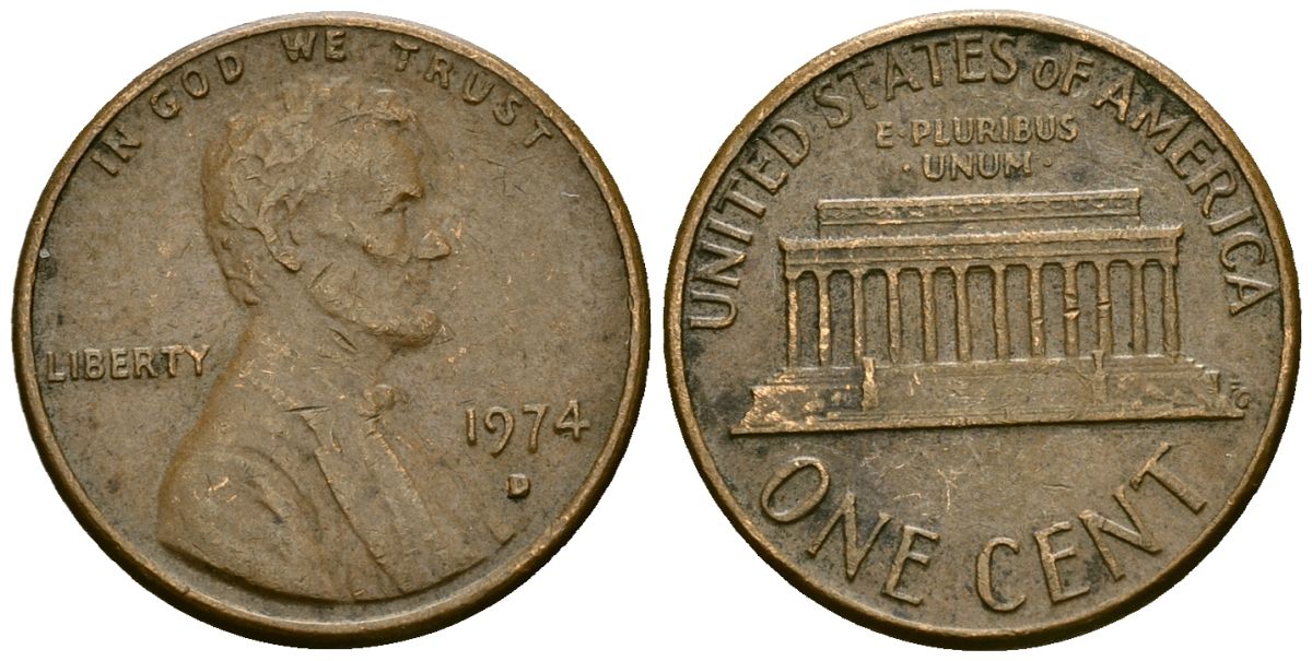 США 1 цент 1974 D, Линкольн KM 201 медь цинк 4136-143