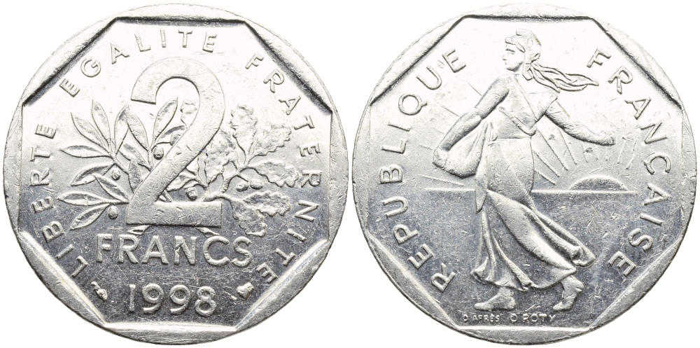 Франция 2 франка 1998 сеятель, тираж 45025013 экземпляров KM 942.1 никель 1530-1343