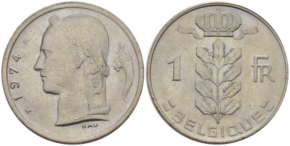 Бельгия 1 франк 1974 Belgique, Бодуэн I (1951-1993) KM 142.1 медно-никель 202-1053