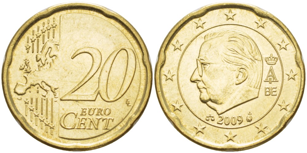 БЕЛЬГИЯ 20 ЕВРОЦЕНТОВ 2009 АЛЬБЕРТ II KM 228 латунь 75-743