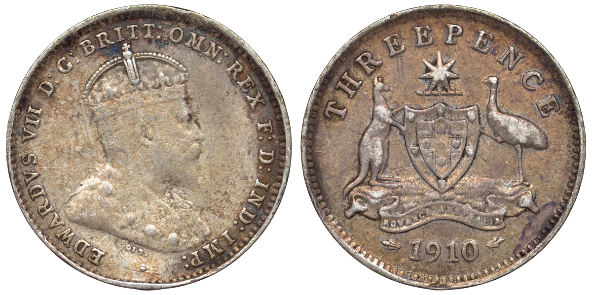 Австралия 3 пенса 1910 L, Эдуард VII (1902-1910), герб Австралии KM 18 серебро 71-111