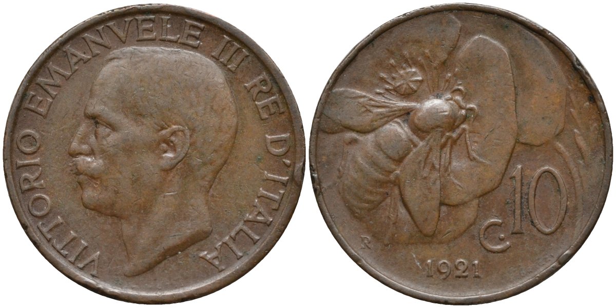 Италия 10 чентезимо 1921 R, пчела, Виктор Эммануил III (1900-1946) KM 60 бронза 4171-843