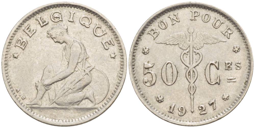 БЕЛЬГИЯ 50 САНТИМОВ 1927 BELGIQUE KM 87 никель 4546-215