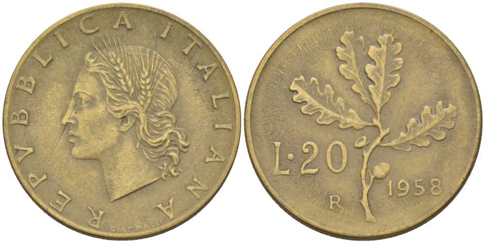 ИТАЛИЯ 20 ЛИР 1958 R, ДУБОВЫЙ ЛИСТ KM 97.1 алюминиевая бронза 113-1251