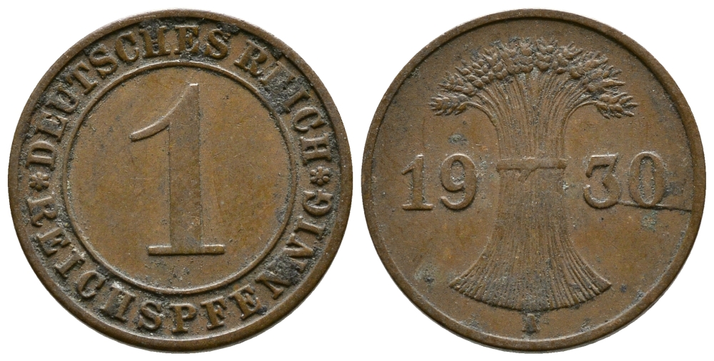 ГЕРМАНИЯ 1 РЕЙХСПФЕННИГ 1930 A KM 37, J. 313 бронза 4380-1213