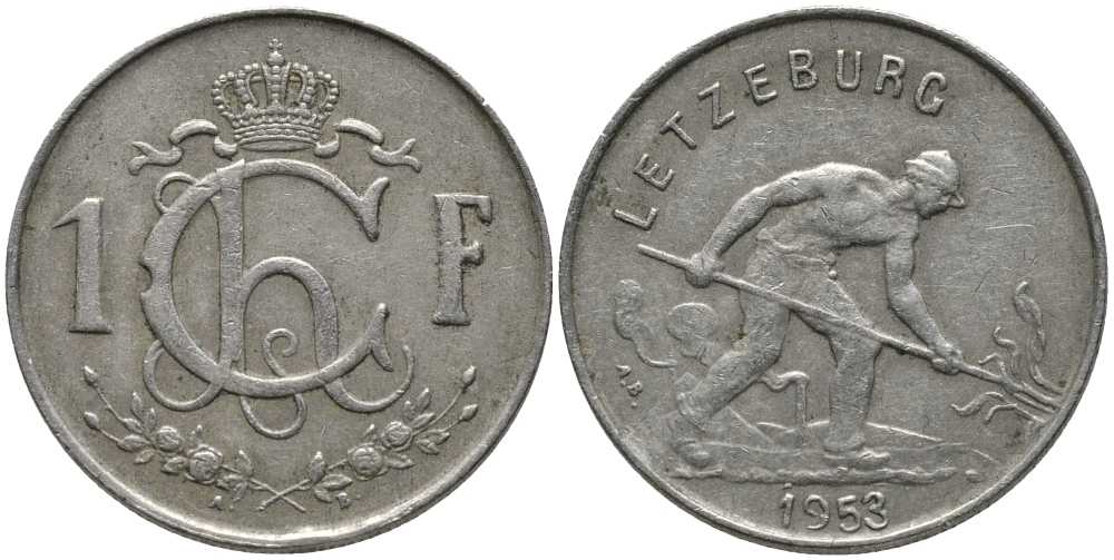 ЛЮКСЕМБУРГ 1 ФРАНК 1953 СТАЛЕВАР KM 46.2 медно-никель 113-535