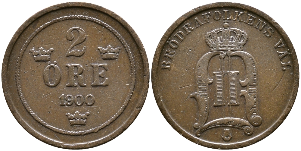 Швеция 2 эре 1900 Оскар II (1872-1907) король Швеции и Норвегии, круглые нули KM 746 бронза 56-914