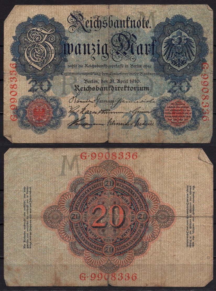 Германия 20 марок 1910 Pick 40 b бумага 6293-37-1-2
