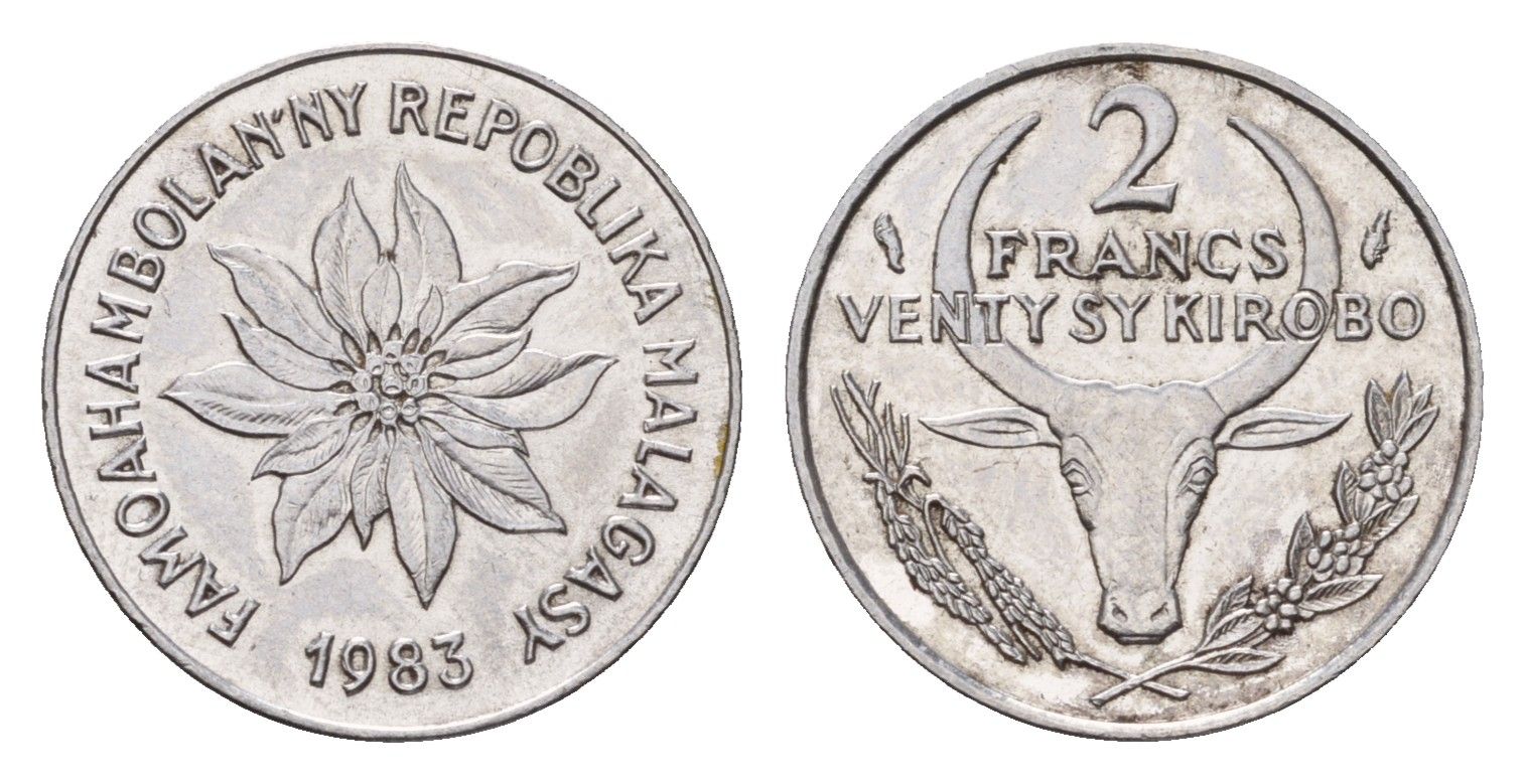 Мадагаскар 2 франка 1983 KM 9 нержавеющая сталь 4588-1027